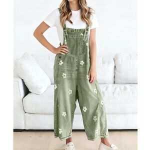 ✨NWT Green Denim Overalls Flowers Baggy Jumpsuit Boho Cottagecore Floral Print